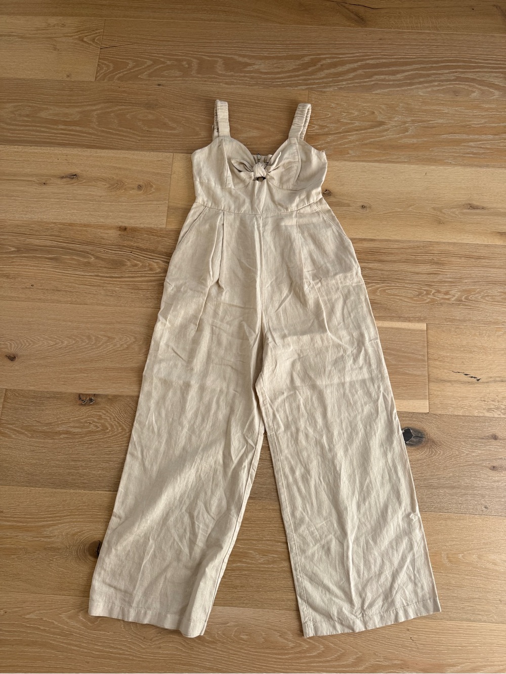 Zara Cream Linen Wide-Leg Jumpsuit with Front Knot S